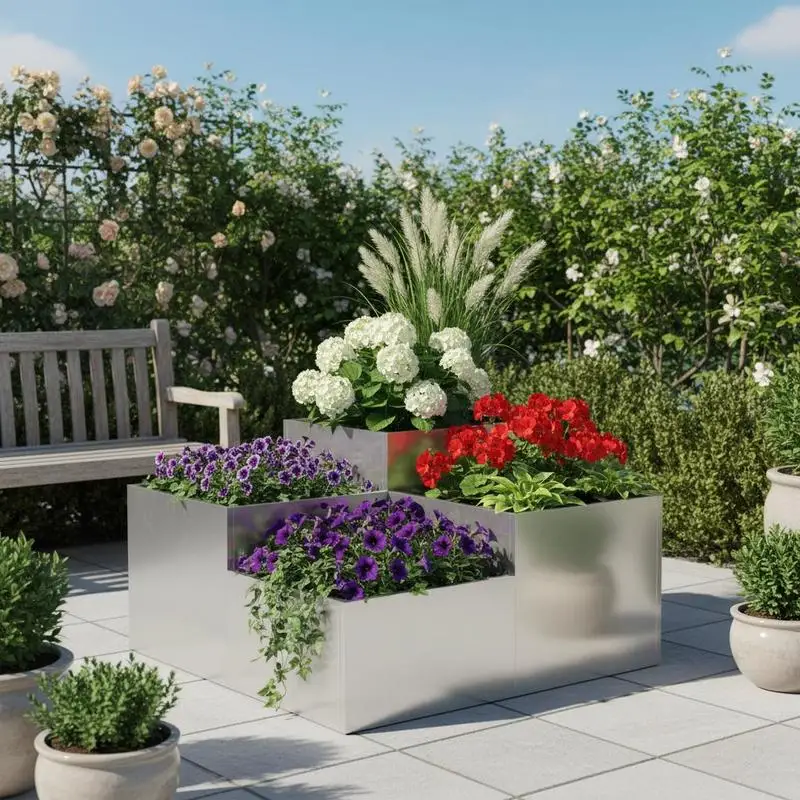 Pot de fleurs de jardin en acier inoxydable argenté 80x80x48 cm pour terrasse, livraison locale