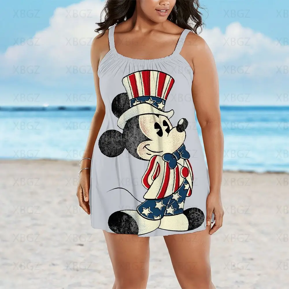 Gaun Ukuran Besar Seksi Pakaian Musim Panas Gaun Wanita Cantik dan Elegan Disney Tanpa Lengan 2022 Selempang Wanita Pantai Minnie Mouse Longgar