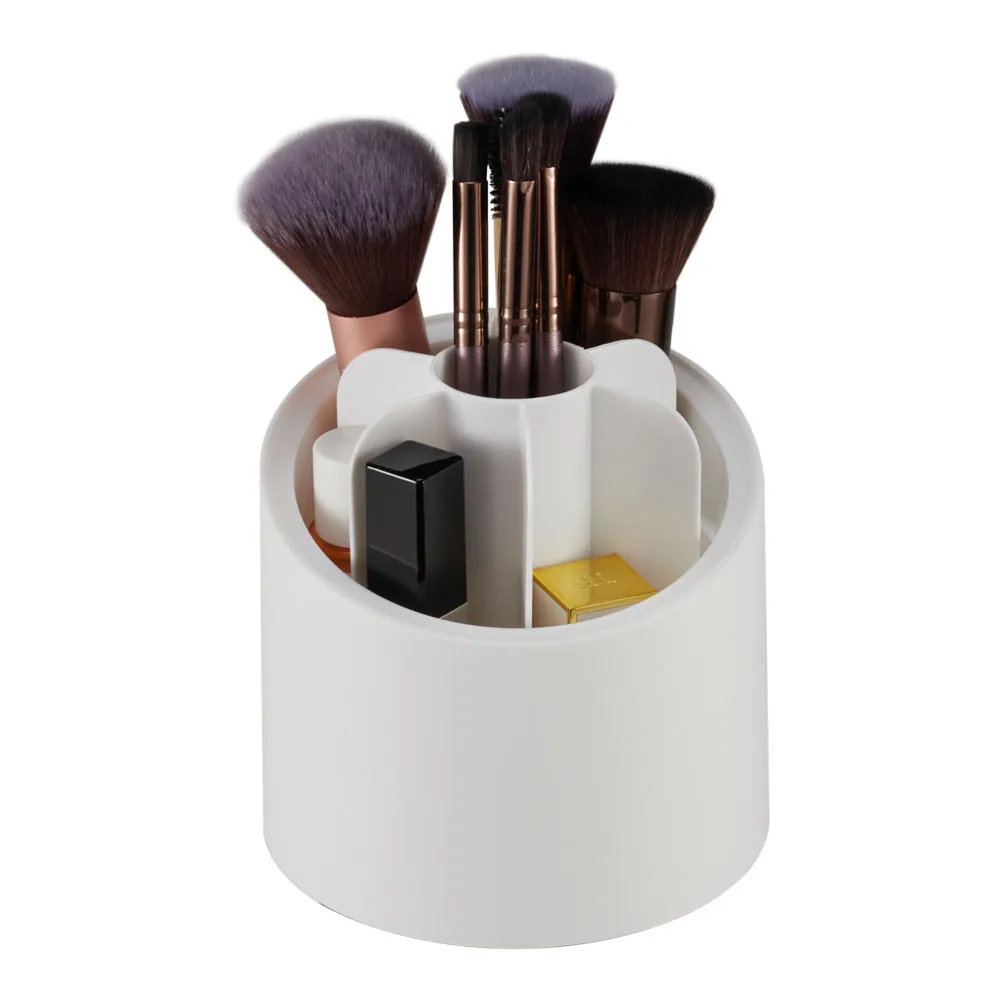 White Plastic Rotating Makeup Brush Cylinder Case with Removable Compartments