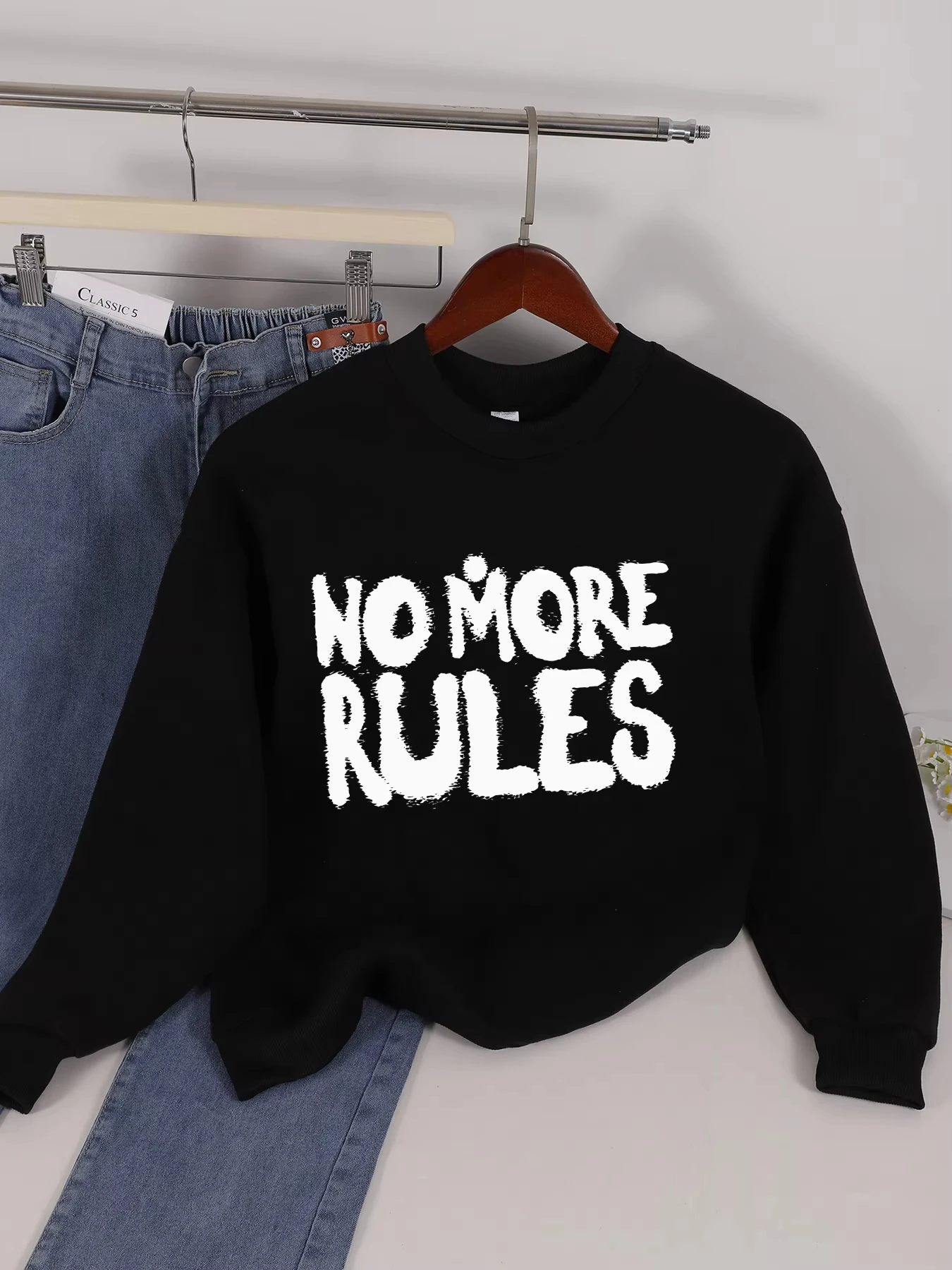 

No More Rules Letter Printed Sweatshirts Woman Fashion Casual Pullovers Fleece Loose Sweatshirt Autumn All-Match Tracksuit