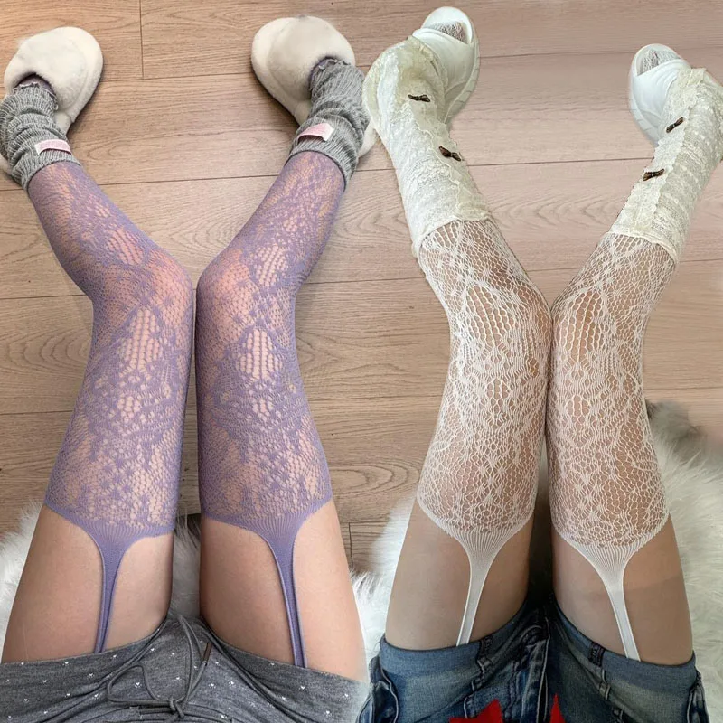 

Женские ажурные чулки до бедра, сексуальные цветные ажурные подтяжки, длинные носки-трубы JK Girl Lolita, тонкие сетчатые леггинсы выше колена