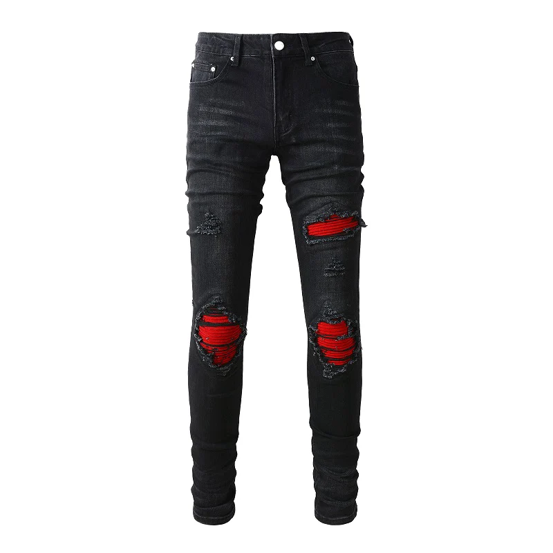 

Men's Streetwear Black Distressed Jeans Skinny Stretch Holes Red Ribs Patches Slim Fit Ripped Biker Jeans Black Trousers A886