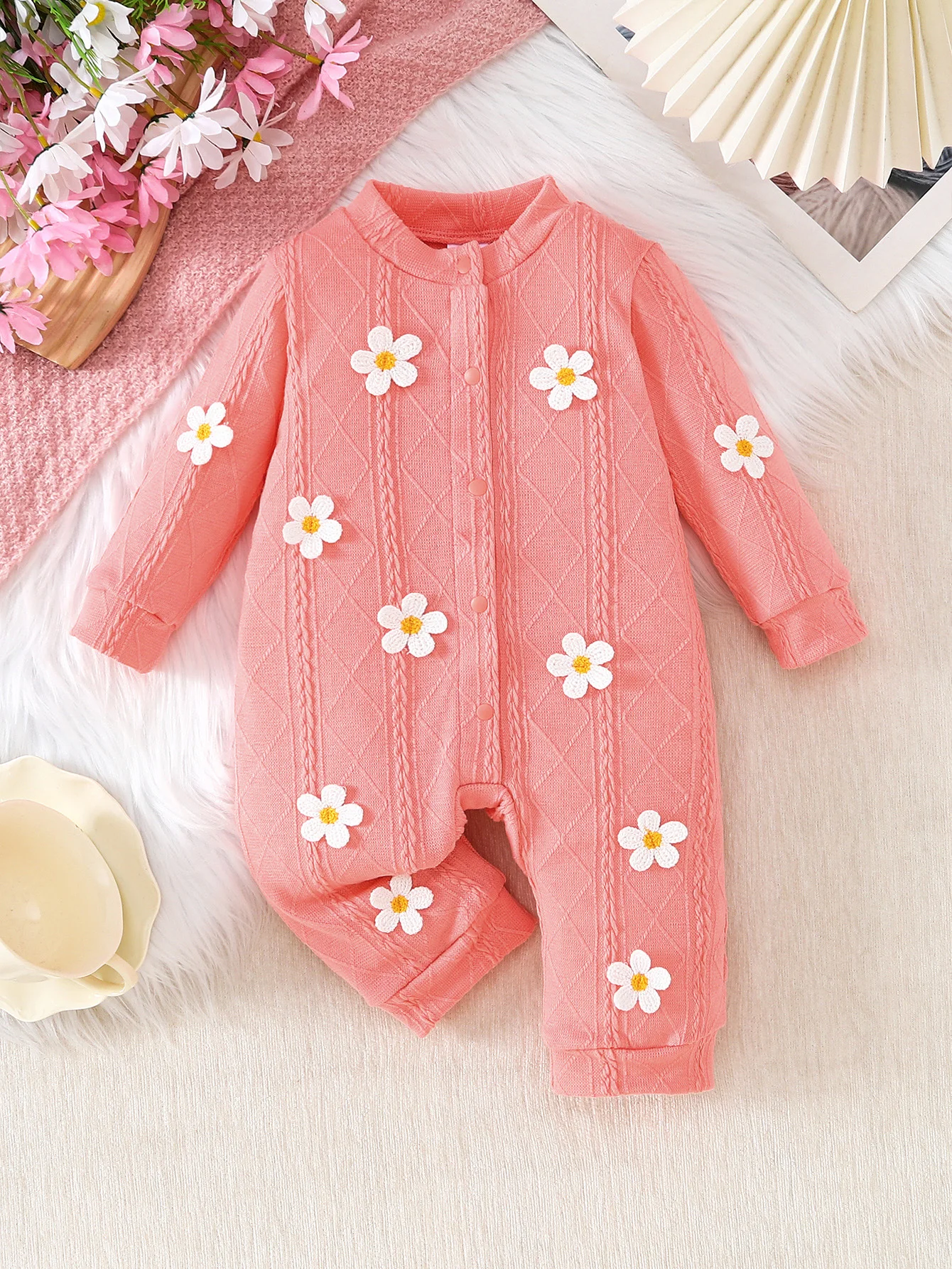 1pc Spring Autumn Baby Girls Daisy Romper, 0-12M, Pink Ribbed Long Sleeve Jumpsuit with 3D Flower Decor, Soft Cute Style, Daily