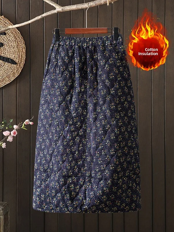 Jupe rétro en coton et lin à fleurs, jupe à bourgeons de fleurs artistiques, taille élastique, grande taille, jupe trapèze décontractée pour femmes