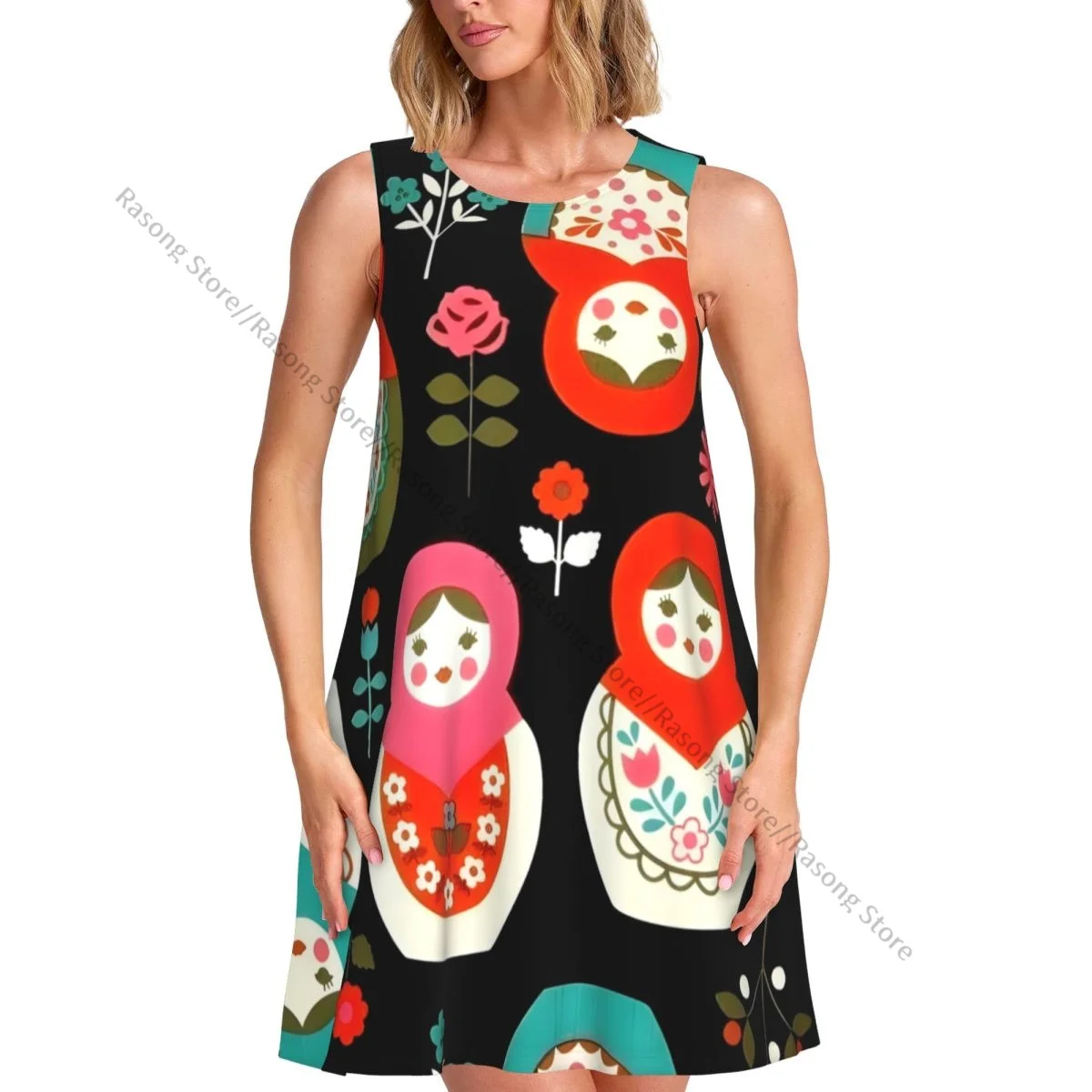 Women's Dress Summer Casual T Shirt Dresses Beach Cover up Matryoshka Pattern Tank Dress