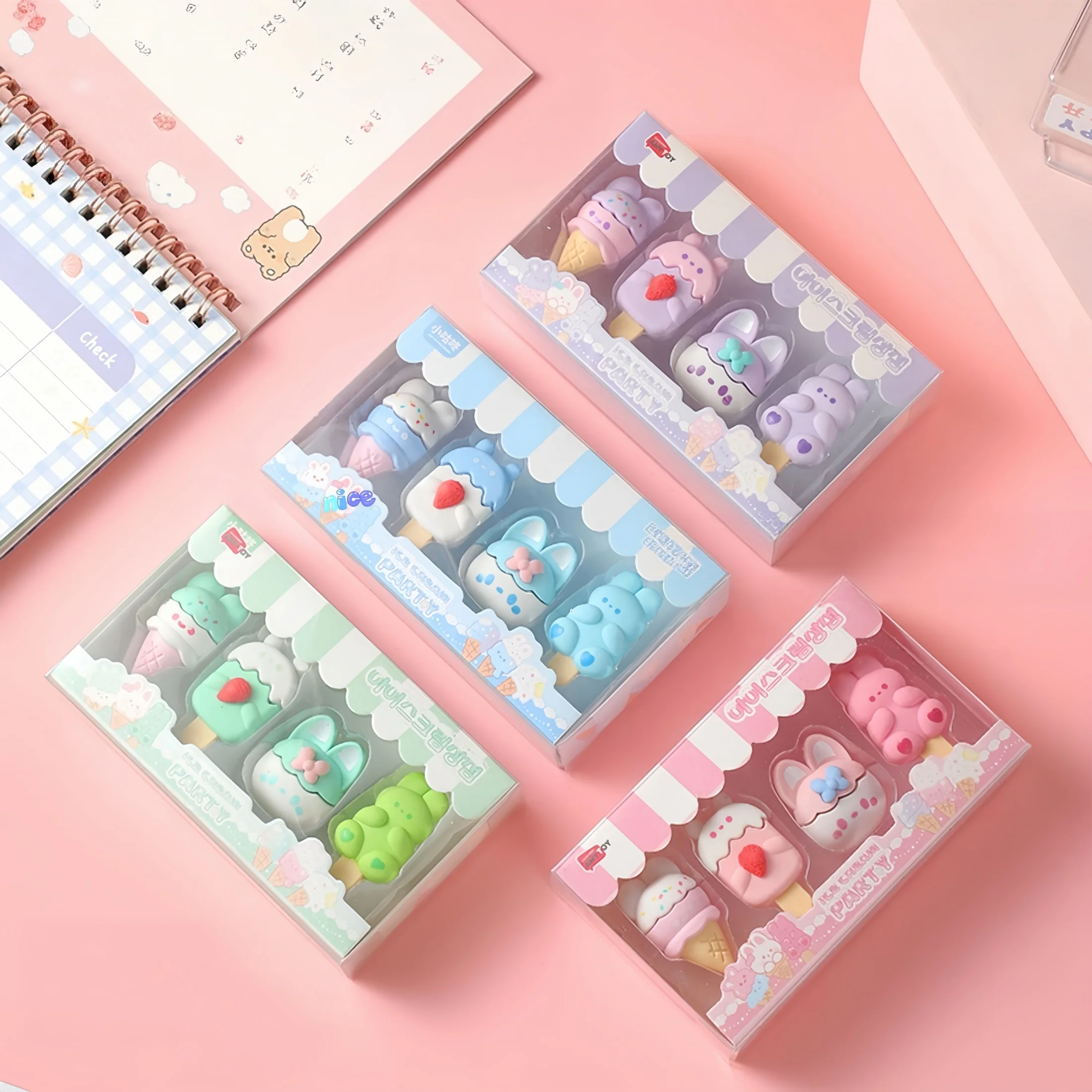 4 Pieces/Box Erasers, Cartoon Dessert Box Erasers, Realistic Ice Cream Erasers, Special Erasers for Students' Writing and Drawing, Gift Box Erasers, Stationery Gifts