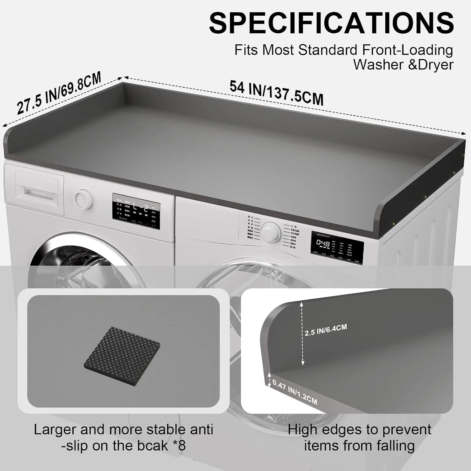 27.5 x 54 Inch Washer Dryer Countertop, Edge Wooden Laundry Room Countertop Surface, Heavy Duty Storage Shelf Organizer Board For Front Load Washing Machine Dryer Workspace, Grey