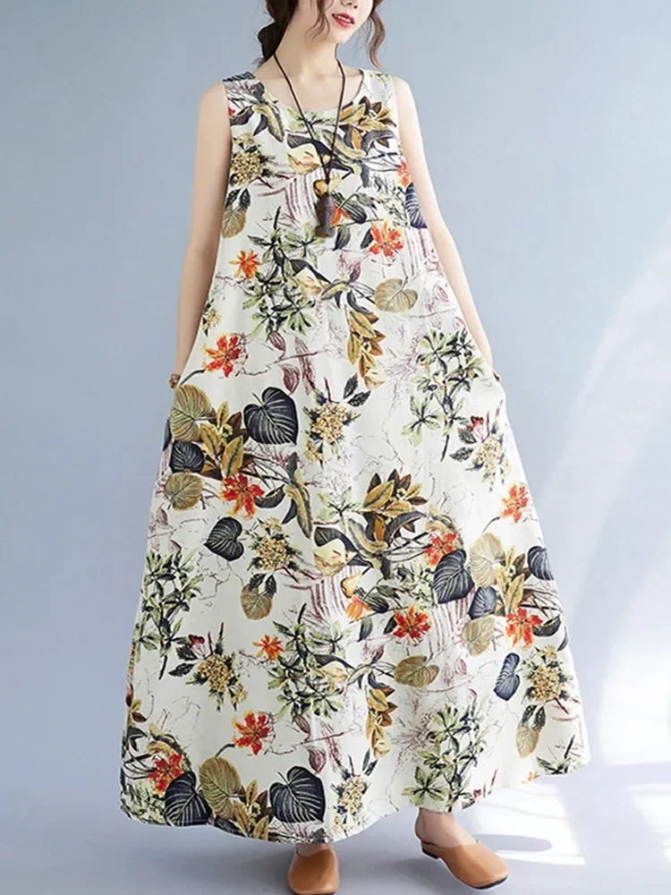 

Sleeveless Cotton Linen Vintage Floral New in Dresses for Women Casual Loose Maxi Long Summer Dress Elegant Clothing 2025 E7080