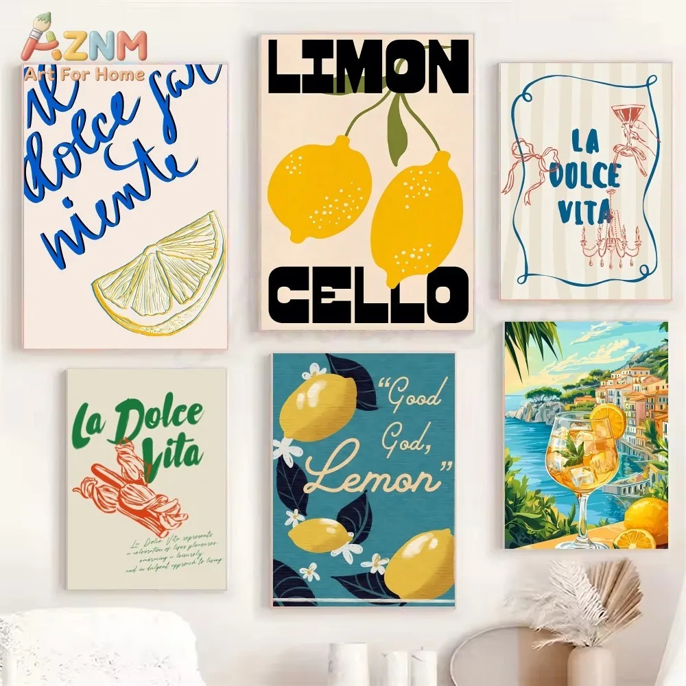 AZNM La Dolce Vita Italian Lemon Canvas Print Limoncello Mediterranean Coastal Retro Typography Kitchen Bar Wall Poster Unframed