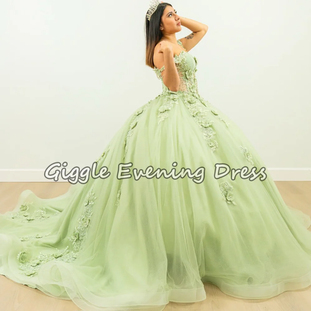 Giggle-vestido De baile verde menta, Vestidos De quinceañera con hombros descubiertos, vestido De baile hinchado dulce 15, Vestidos De flores 3D De 15 anos personalizados