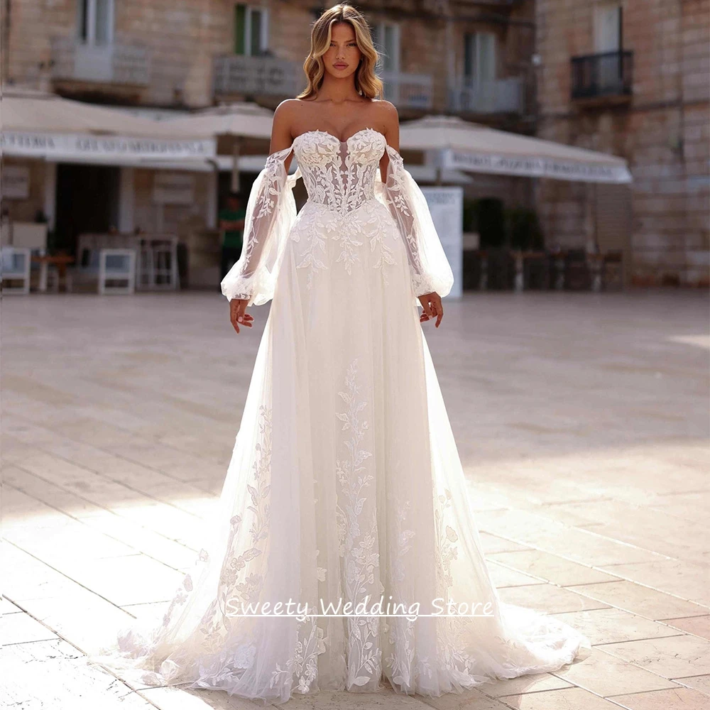 Customized A Line Wedding Dress Puff Sleeves Sweetheart See Through Lace Applique Soft Tulle Bridal Gown Sweep Train