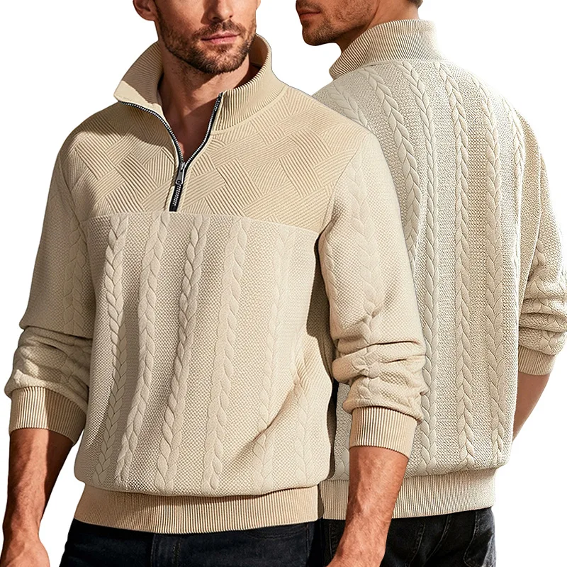 American Retro Casual Stand-up Collar Pullover, Zipper, Loose Knitted Patchwork, Long-Sleeved Outdoor Sweatshirt for Men