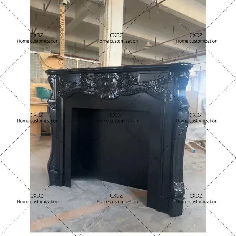 XX Retro Solid Wood Carving Flower Fireplace Decorative Cabinet Classical  Black Fireplace Entrance Cabinet