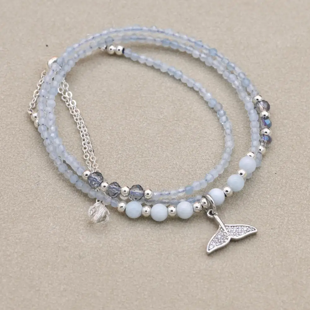 Handmade Women Jewelry 2MM Three Layer Aquamarine Fish Tail Bracelets Necklace Dual-purpose Bohemian Beaded Charm Bracelet