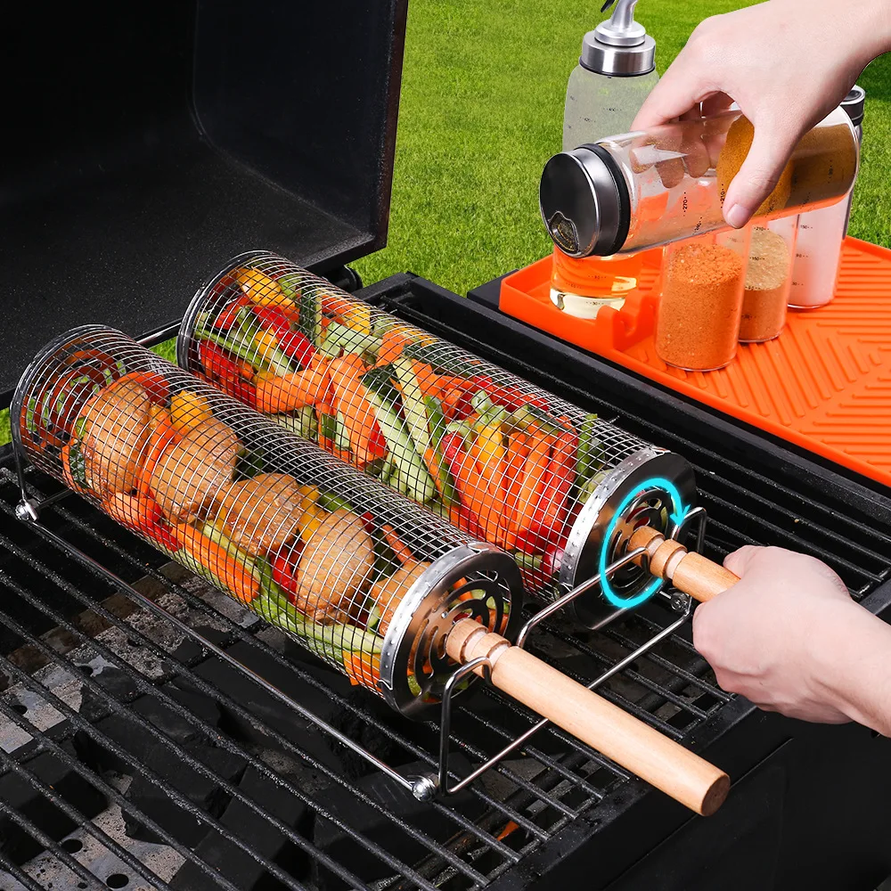 Stainless Steel Grill Basket with Wood Handle Scald Proof BBQ Rolling Grilling Basket Outdoor Camping BBQ Rack Grill Accessories