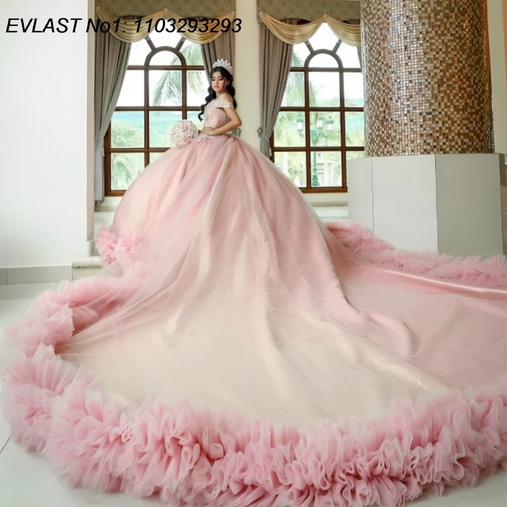 EVLAST Customized Shiny Pink Quinceanera Dress Ball Gown Applique Beaded Crystal Ruffles Train Sweet 16 Vestido De 15 Anos E1Q64