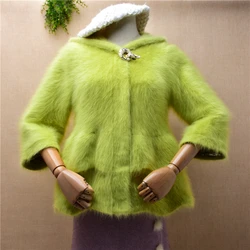 Female Women Fall Winter Thick Warm Green Hairy Mink Cashmere Knitted Three Quarter Sleeves Hooded Slim Cardigan Coat Sweater