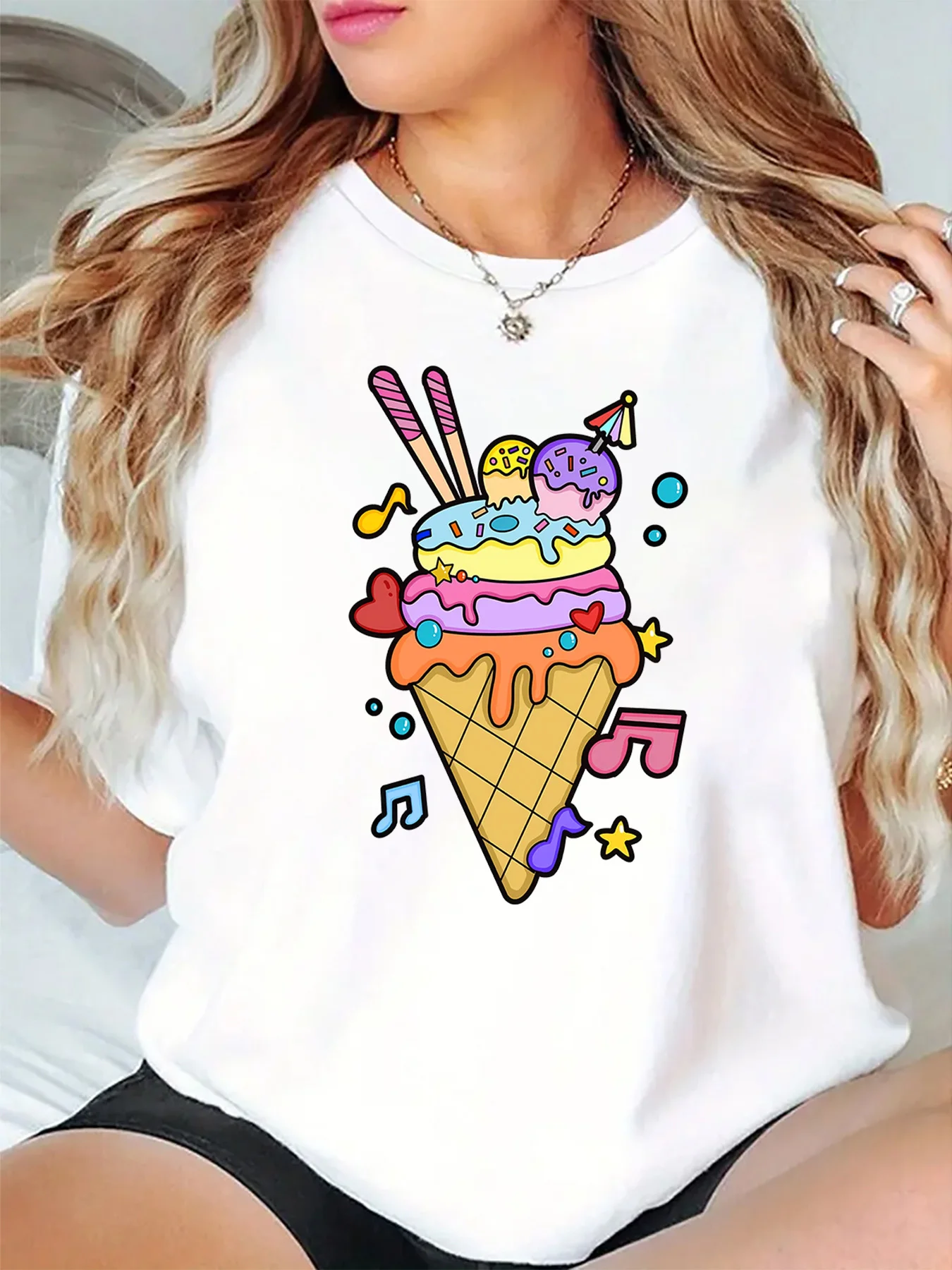 Cute Dessert Womens T Shirt Bright Ice Cream Cone Music Note Fun Summer Cartoon Graphic O Neck Short Sleeve Casual Ladies Tops
