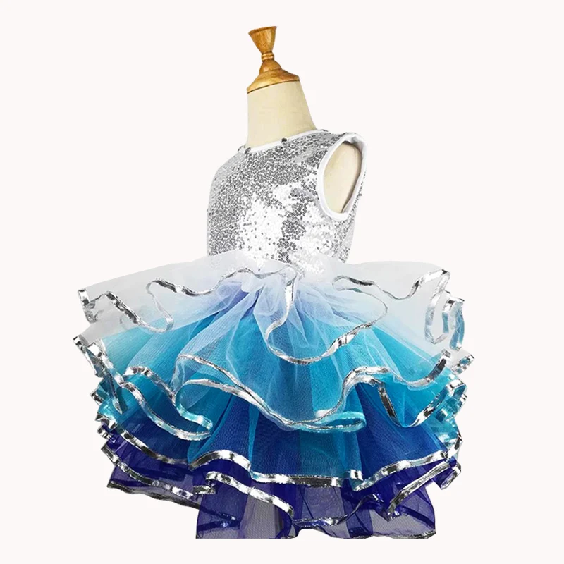 Children Ballroom Clothing Sequined Modern Dance Tutu Dress Girls Jazz Dance Costume Stage Wear Kids Cute Wedding Princess Dress