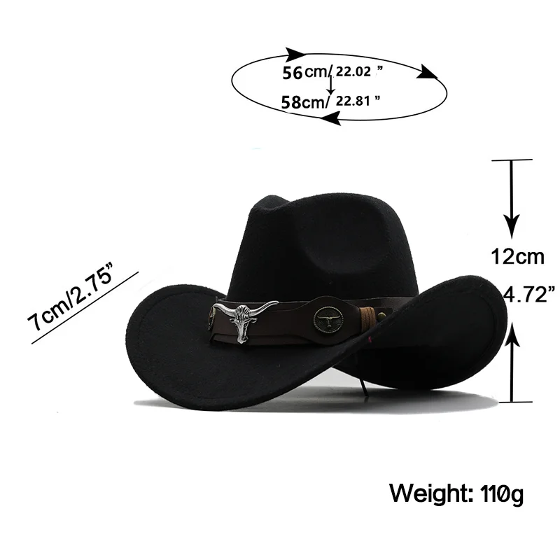 West cowboy hat Chapeu black wool man Wome hat Hombre Jazz hat Cowgirl large hat for men sombreros 56-58Cm