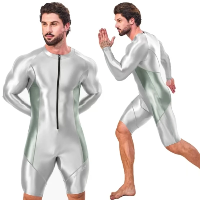 Men's Long-Sleeved Spandex Jumpsuit, Front Zipper, Slim, Tight, Comfortable