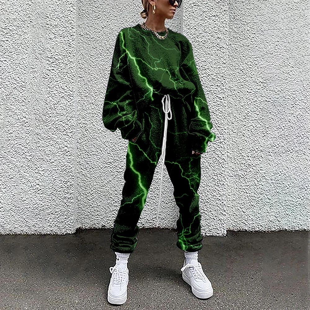 

SOJINM 2022 Women Tracksuit Sweatshirt+Straight Sweatpants Green Printed 2 Piece Outfit Matching Fitness Sporty Plusize 4XL