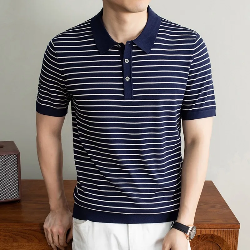 Mens Luxury Silk Blend Short Sleeve Tee Casual Fashion T-shirt Old Money Style Topy For Daily Wear