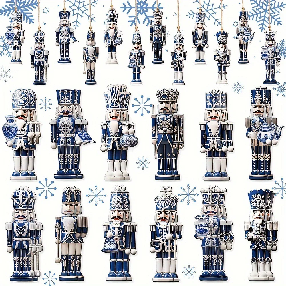 12/24Pcs Wooden Nutcracker Soldier Pendant Blue and White Porcelain Design Mixed Style Xmas Tree Hanging Ornament with Rope