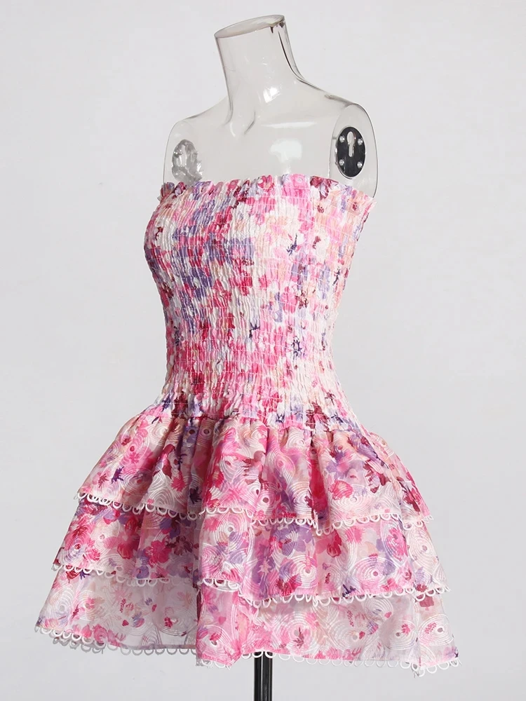 Hit Color Floral Printing Backless Dress For Women Strapless Sleeveless High Waist Temperament Slimming Mini Dresses Female