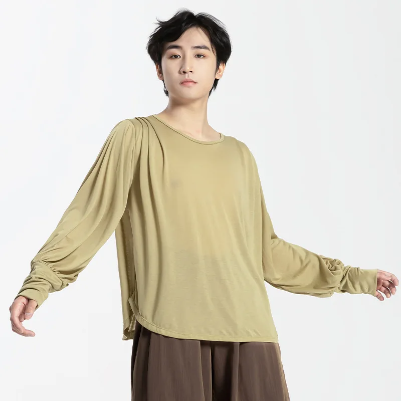 Męskie bluzki do tańca latynoamerykańskiego 2025, luźne, z długim rękawem, plisowane, typu smock, nowoczesne bluzki do tańca latynoamerykańskiego, ubrania do ćwiczeń dla nauczycieli, strój sceniczny do tańca.