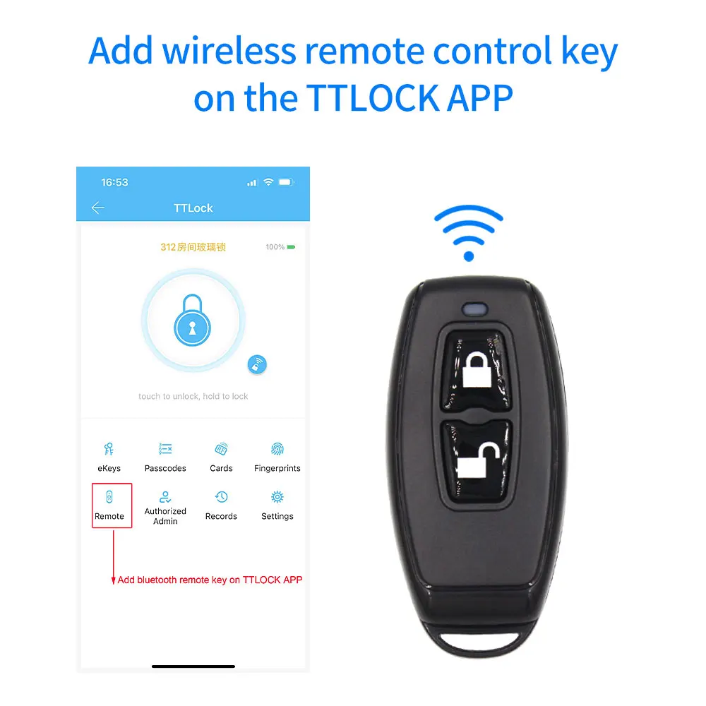 TTlock-2.4GHz 무선 원격 제어 키 Fob R1 TTLock 앱 장치, 잠금 해제 및 잠금 버튼이 있는 스마트 잠금 3V CR2032