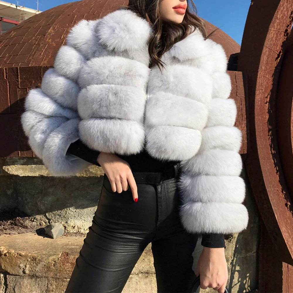 

Women's Imitation Fox Fur Coat with Short Lapel And Long Sleeves from European And American Designers Short Stitched Fur Jacket
