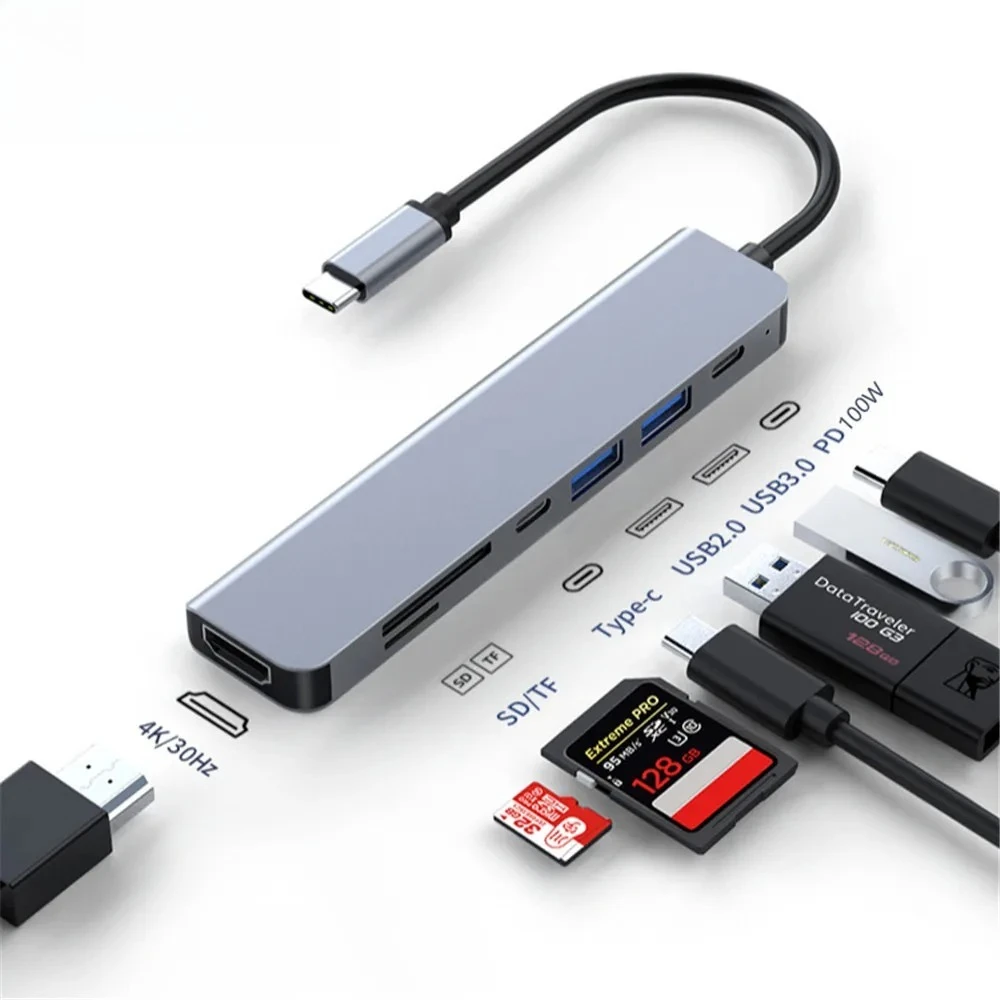 محطة إرساء للكمبيوتر المحمول 7 في 1 4K 30 هرتز متوافقة مع HDMI USB 3.0 Hub مكثف متعدد المحور من النوع C محول الفاصل 3 0 قفص الاتهام