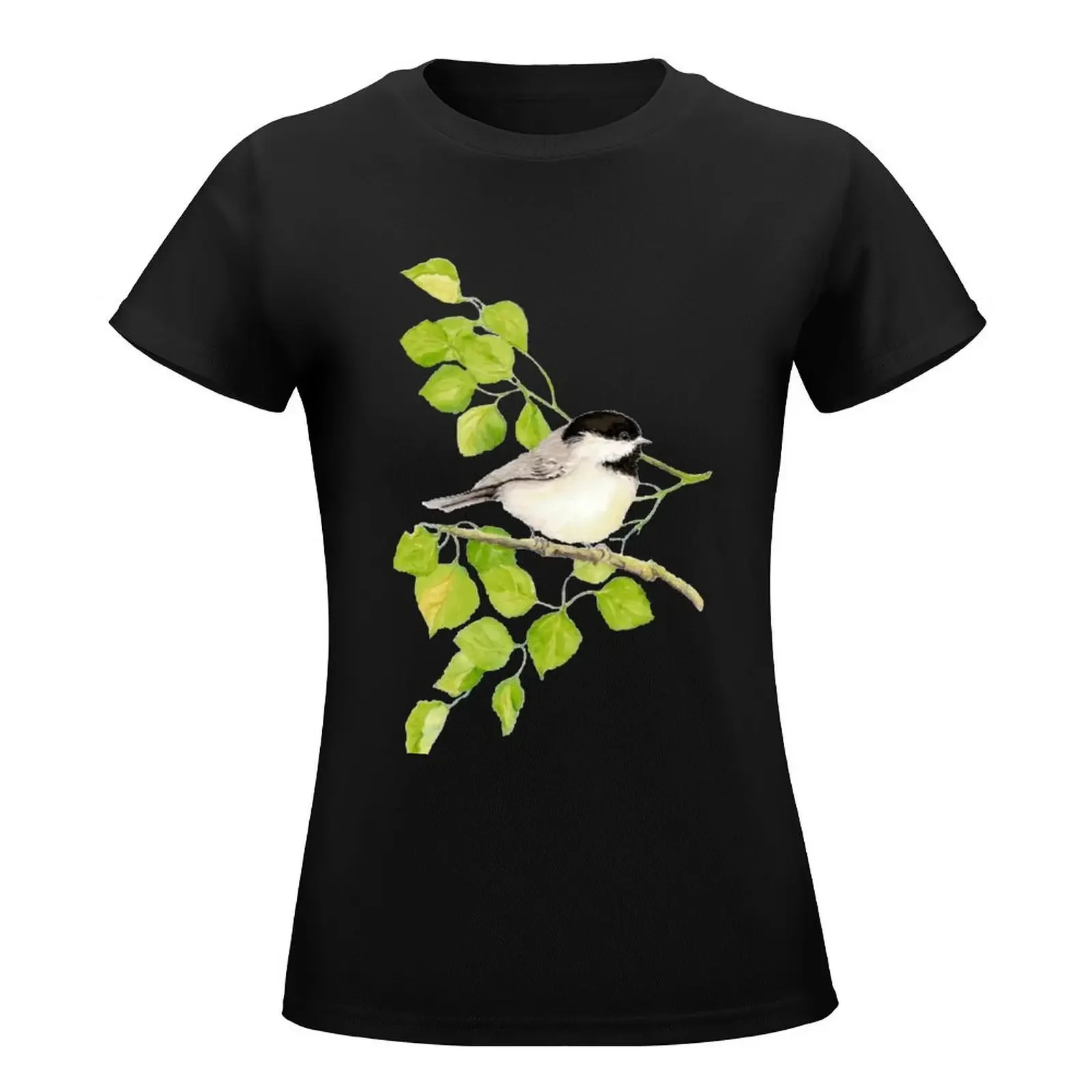 Watercolor Chickadee Bird in Poplar Tree T-Shirt cute clothes kawaii clothes Women tops