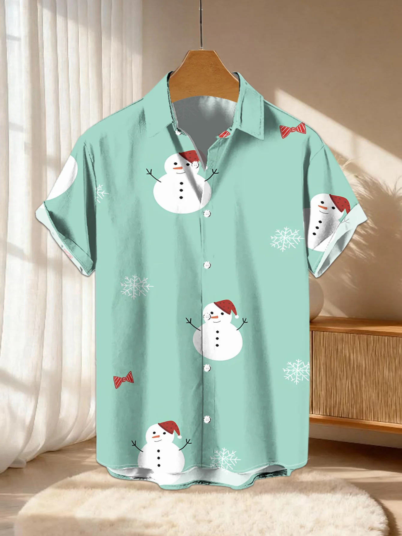 Men Short Sleeve Shirt Christmas Santa Snowflake Print Lapel Casual Loose Holiday Party Button Down Tops Men's Clothing