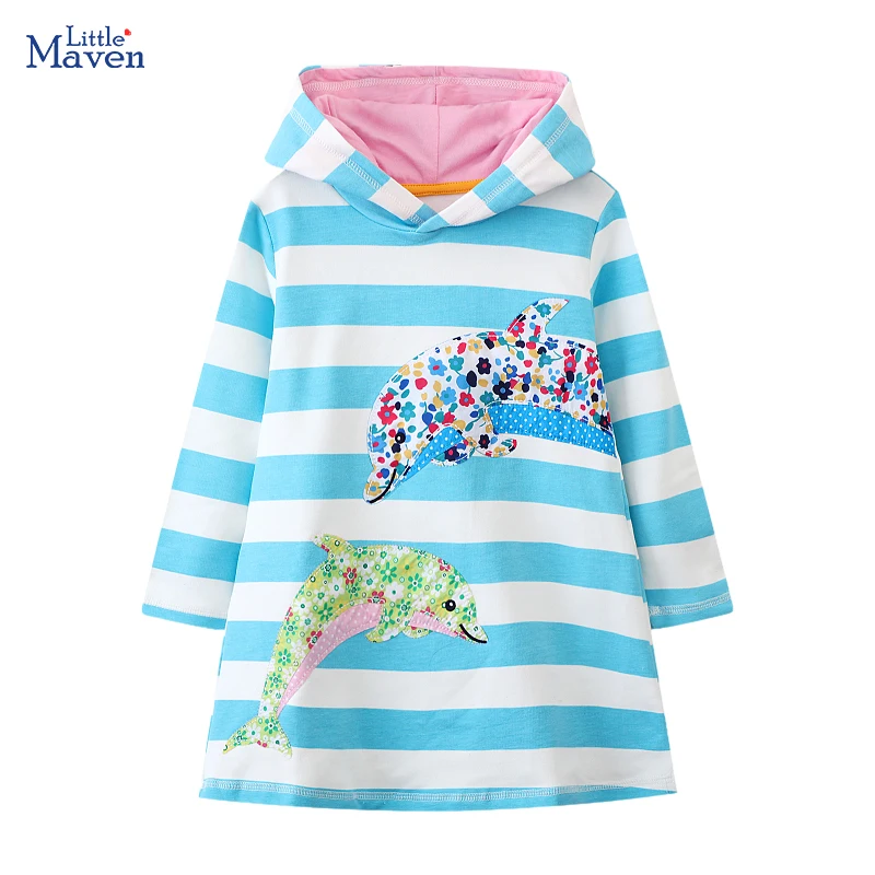 Little maven Fall Baby Girl Long Sleeves knit Striped Dresses Kids Clothes Casual Girl Cartoon Dolphins Hoodies Princess Dresses