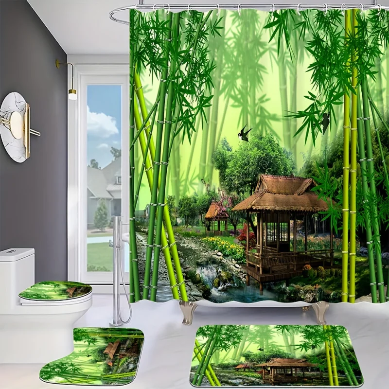 Bamboo Forest Hut Print Shower Curtain Set with Non-Slip Rugs, Toilet Lid Cover, Bath Mat, 12 Plastic Hooks, Water-Resistant Wov