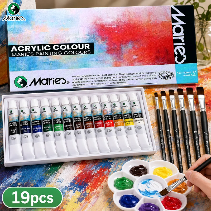 19-teiliges Acrylfarben-Set von Marie, 12 Farben 0,41oz/12 ml Künstlerqualität mit 7-teiligem Kunstwerkzeug-Set, Professionelle Kunstbedarf für Künstler