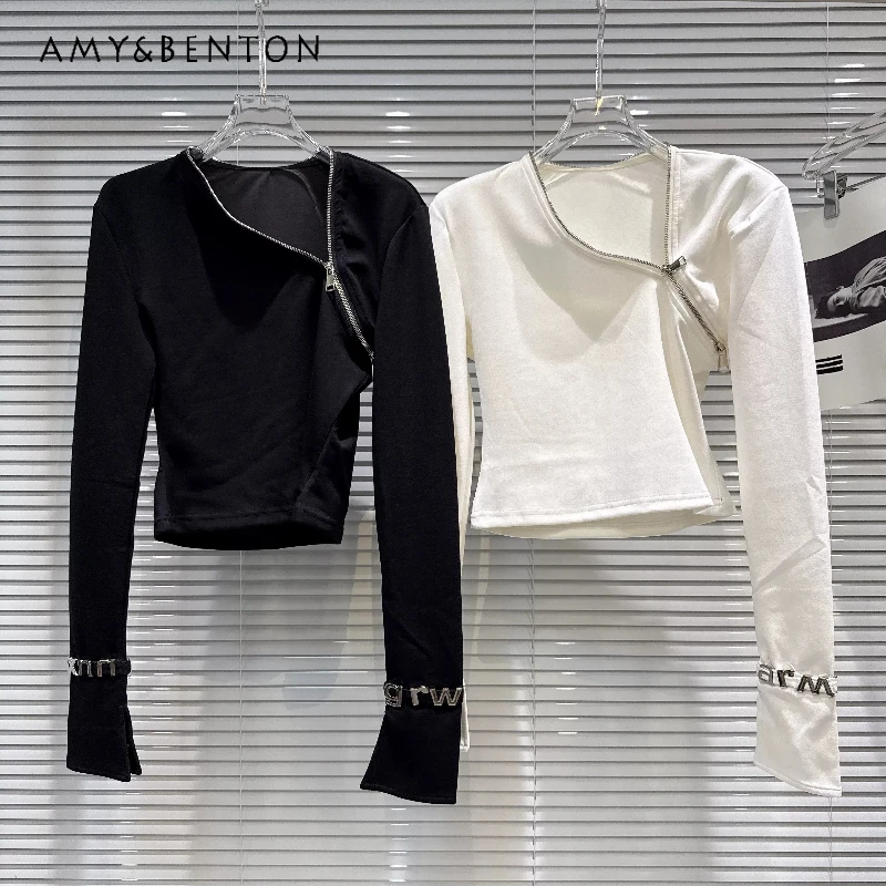 

Sweet Cool Metal Letter Cuffs Slant Shoulder Zipper Women's T-shirt 2026 New Solid Color Versatile Long Sleeve T-Shirts Ladies