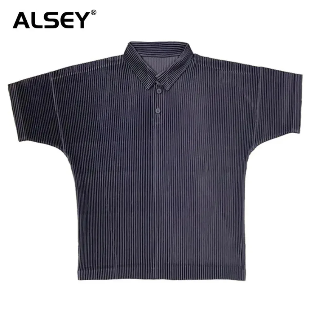 ALSEY Miyake Trendy Men's Pleated T-shirt 2023 New Pullover Lapel Male Short Sleeve Tops Solid Color Loose Fold Menwear Tide