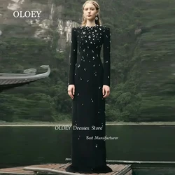 OLOEY Elegant Custom Made Black Straight Evening Dress Beads Crystal Floor Length Wedding Party Prom Dress Zipper Long Sleeves