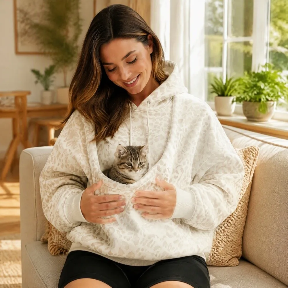 Top Leopard Print Sweatshirt Oversized Drop Shoulder Hoodie Double Layer Hood Kangaroo Pocket Pet Pouch Sweatshirt Female