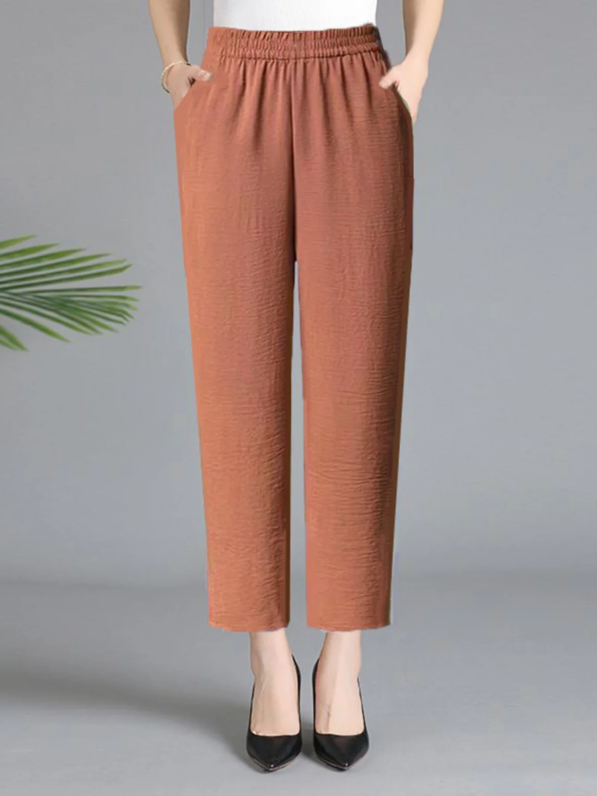 여름 신상 루즈핏 여성 바지 하이웨이스트 하란 나인 포인트 캐주얼 바지 중년 및 노년 여성용