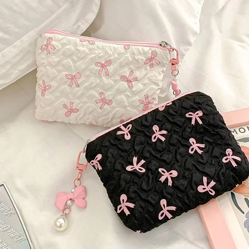 1PCS Cream Pink Bow Makeup Bag Women's 2025 Black Travel Wash Beauty Cosmetic Storage Bag Sanitary Napkin Bag