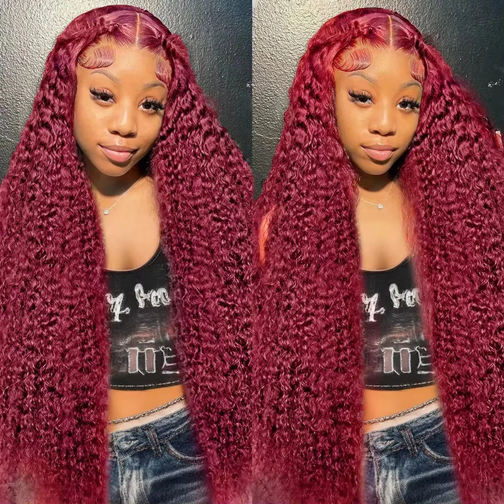 

Burgundy Curly 100% Human Hair 30 46 Inch 13x6 HD Lace Frontal Wig Water Deep Wave 99J Red Colored Wig Brazilian Hair For Women