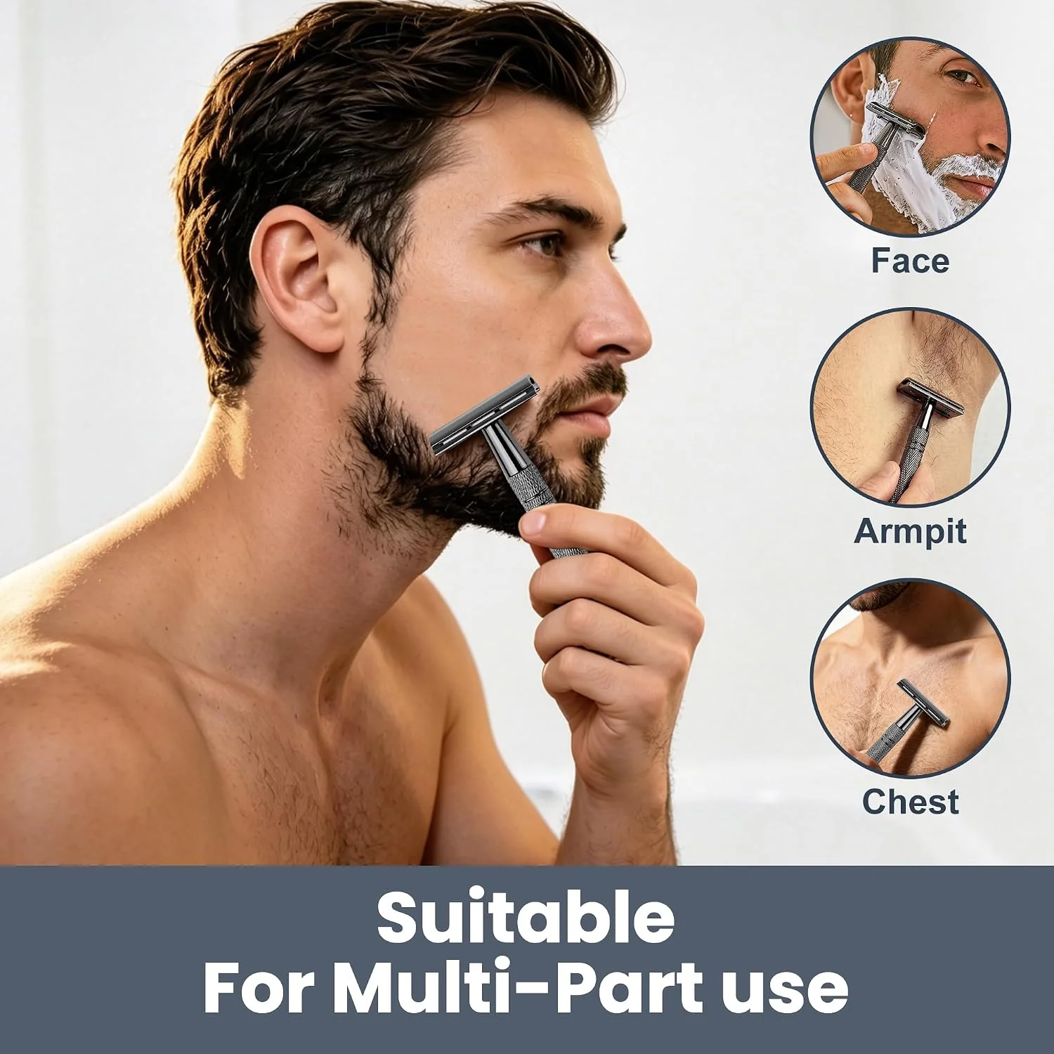 Double Edge Manual Razor for Sensitive Skin, Unisex, Reusable Metal Razor with 10 Stainless Steel Replacement Blades, Razor