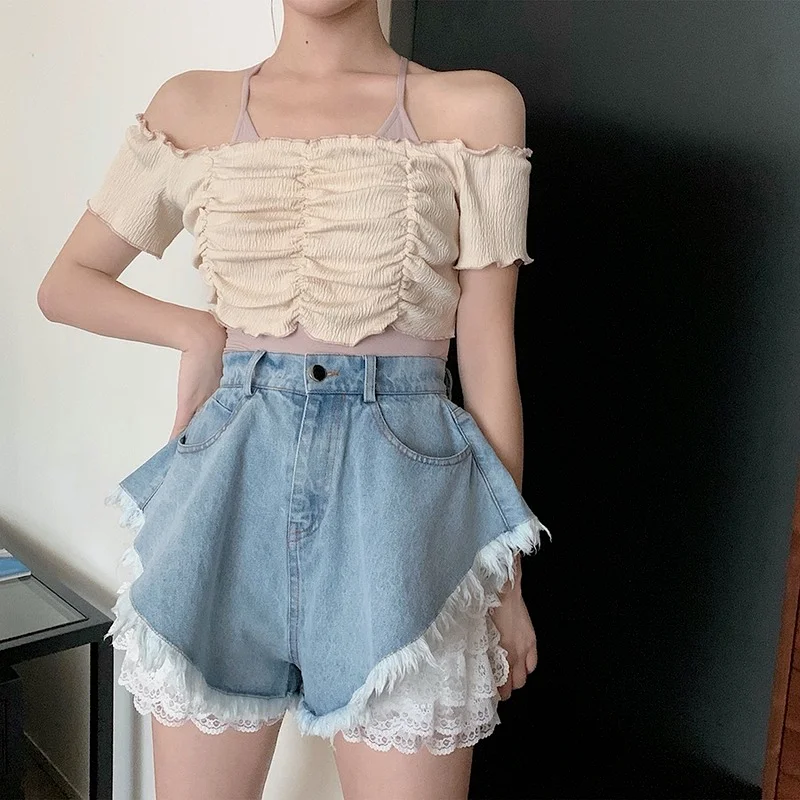 

Summer Women's Beach Resort Bohemia Short Jeans Female Decals High Waist Lace Hot Shorts Hole Washed Denim Shorts Female Fashion