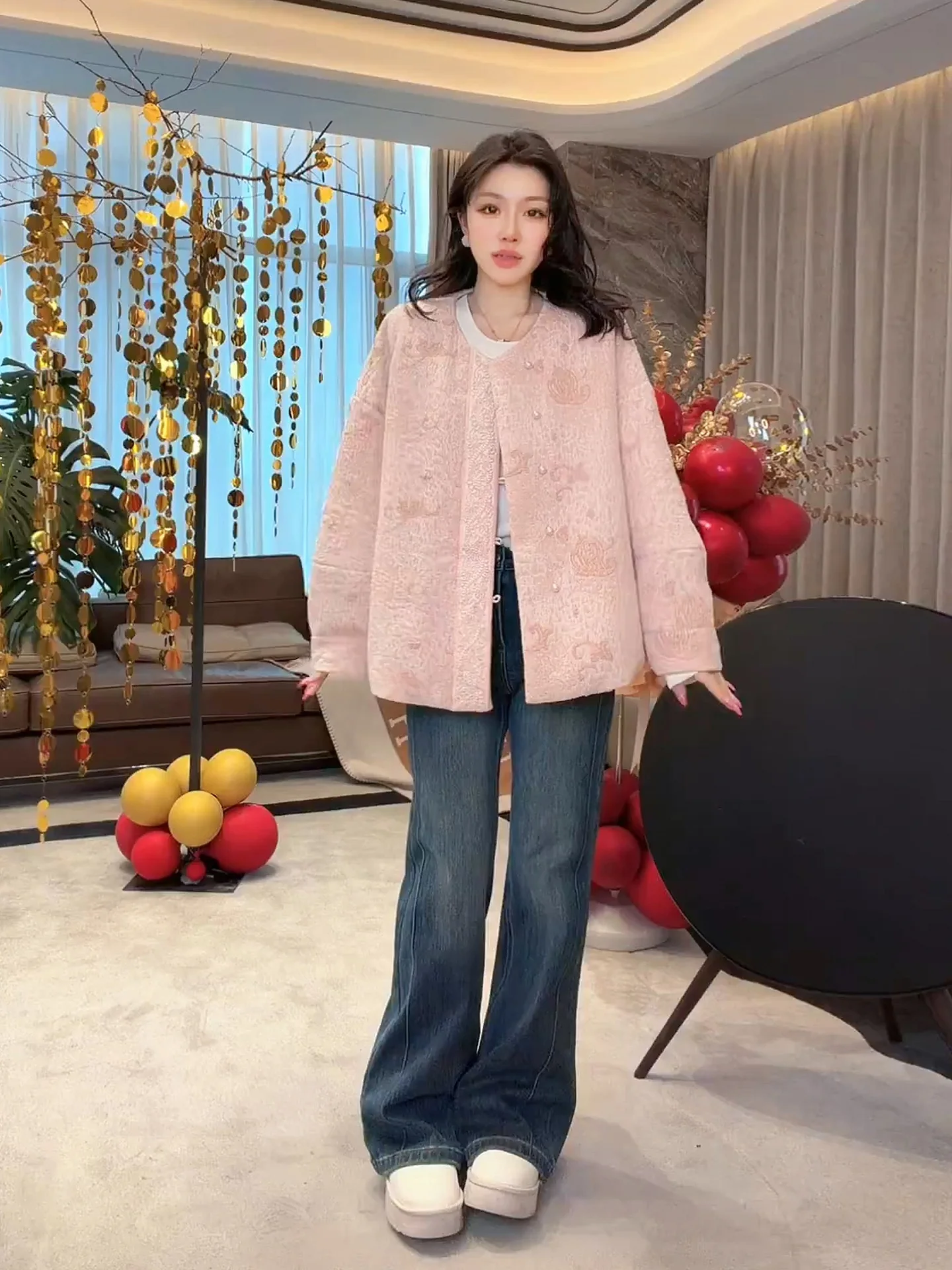 

Новая женская теплая повседневная куртка MEHOMEYANG из белого гусиного пуха 2026 года, утолщенная, с длинными рукавами, круглым вырезом и одной пуговицей