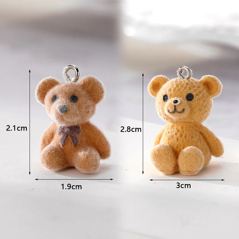 6pcs 3D Big Small Flocked Bear Resin Charms Cute Aniaml Doll Bear Pendant For Earring Keychains Diy Jewelry Make