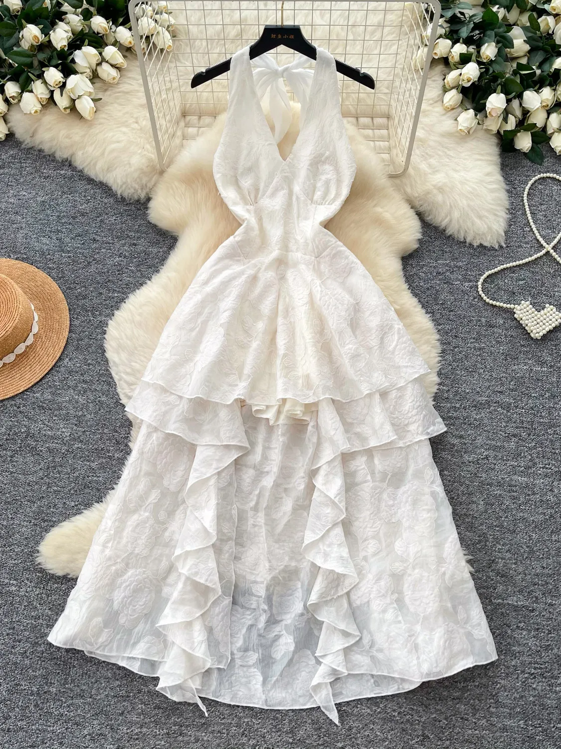 French Halter Sleeveless Fairy Multi Layer Dress Women Summer Backless Long Tail Tiered Slim Elegant Party Birthday Dress Girl